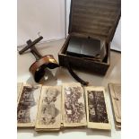 Wooden stereoscope in leather box with 76 assorted scenic cards, mostly by Strohmeyer & Wyman, J.