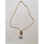 9k gold necklace with letter B pendant, w: 6.9gms, length of necklace 17” (43cm) & pendant 0.75” (