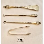 Silver handled button hook and shoe horn, silver handled button hook and silver sugar tongs