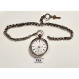 Silver pocket watch on plated chain, 2” (5cm) diameter face. Winds and runs.