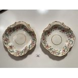 Pair of Derby dishes 10” (25cm) diameter. Some crazing and wear to gilding. No chips or cracks