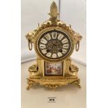 Enamel and painted French mantle clock with pendulum, marked R & C 2714, 12” (30cm) high x 8.25” (