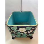 Majolica square planter, unmarked. 8” (20cm) square by 7.5” (19cm) high. No cracks. Small chip on