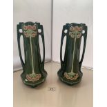 Pair of Eichwald green vases with raised pink flowers, marked Eichwald 905/5. 10” (25.5cm) high.