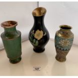 3 assorted Cloisonne vases – black flowered vase 8” (20cm) high, green vase 6.75” (17cm) high and