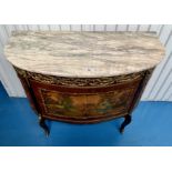 Reproduction semi-circular marble top sideboard with painted scenes and applied boule. Approx.