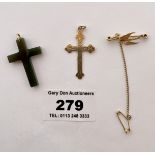 9k gold cross pendant w: 1.4 gms, 1.25” (3cm), onyx cross and dress bird brooch