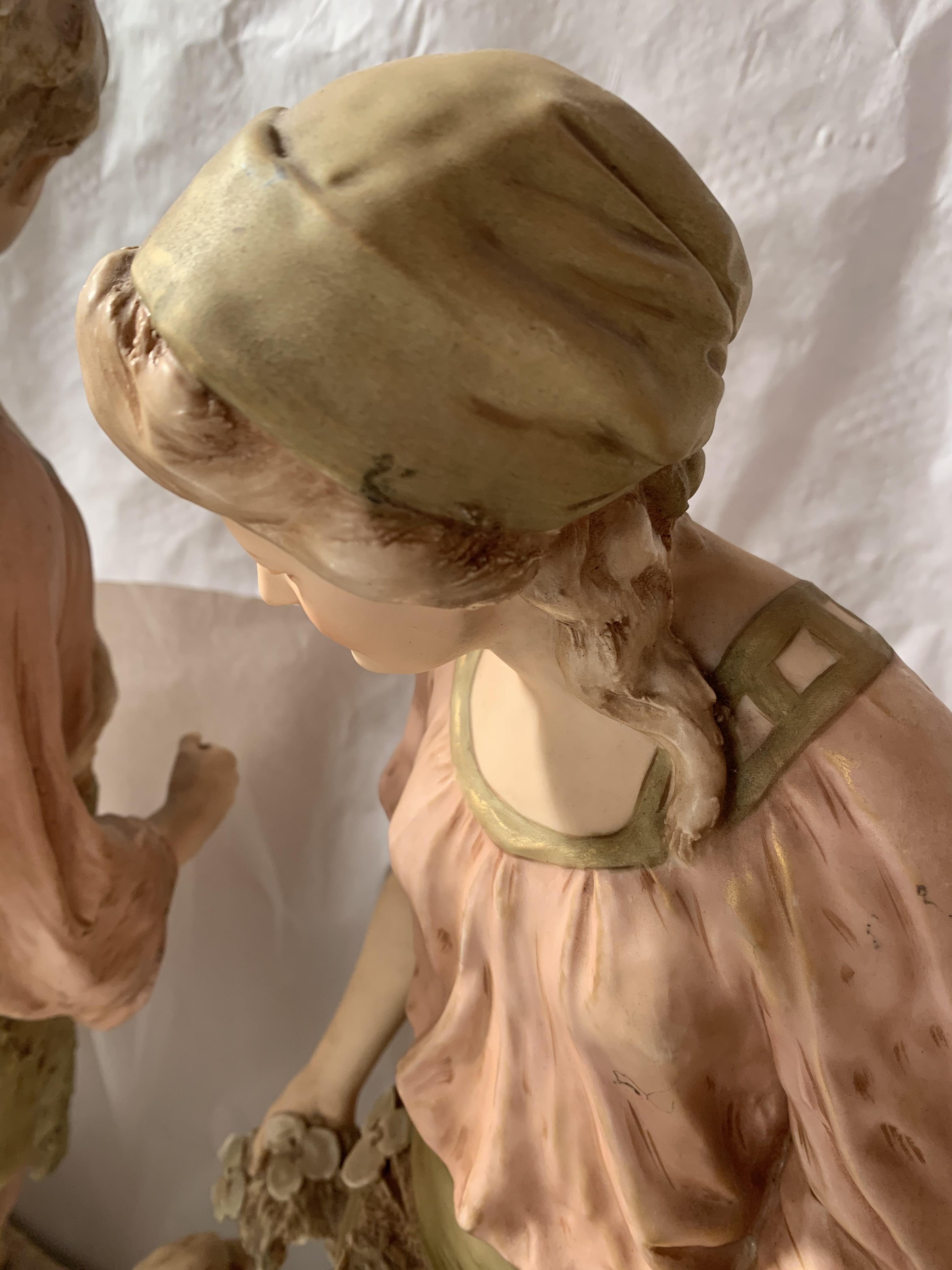 Large pair of Royal Dux figures, boy and girl goatherds. Numbered 1101 and 1102. Boy is 26” (66cm) - Image 6 of 12