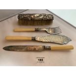 Silver back hairbrush, Birmingham 1903 and bone handled and plated serving knife and fork and