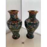 Pair of blue Cloisonne vases 9.25” (23.5cm) high. Bit of wear on brass collar, no other noticeable