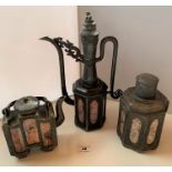 3 piece Chinese glazed metal iron tea set with erotic painted panels. Tall water pot 12.5” (32cm)