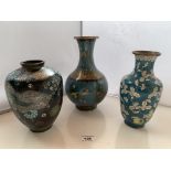 3 assorted Cloisonne vases – blue bulbous vase 9.5” (24cm) high, blue/white flowered vase 8” (
