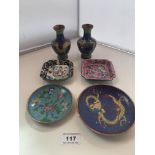 6 small pieces of Cloisonne – pair of vases 4” (10cm), 2 square plates 3.5” (9cm), 2 round plates