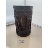 Wooden oriental brush pot 7” (18cm) high x 4” (10cm) diameter. Crack on inside of lid