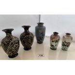 5 small Cloisonne vases – pair of black vases 4.75” (12cm) high, pair of white flowered vases 3.