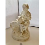 Parian figure of woman and dog, 14” (35.5cm) high x 9” (23cm) base. Small repair to base.