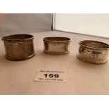 3 assorted silver napkin rings, Birmingham 1909, 1918 and 1944. Total W: 2.37 tozs.