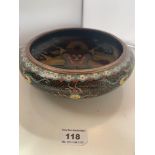 Cloisonne dragon bowl with Chinese signature underneath. 8” (20cm) diameter. No noticeable damage