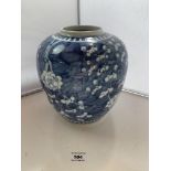 Large Chinese blue and white ginger jar with Kangxi mark, 10” (25cm) high x 8” (20cm) at widest.