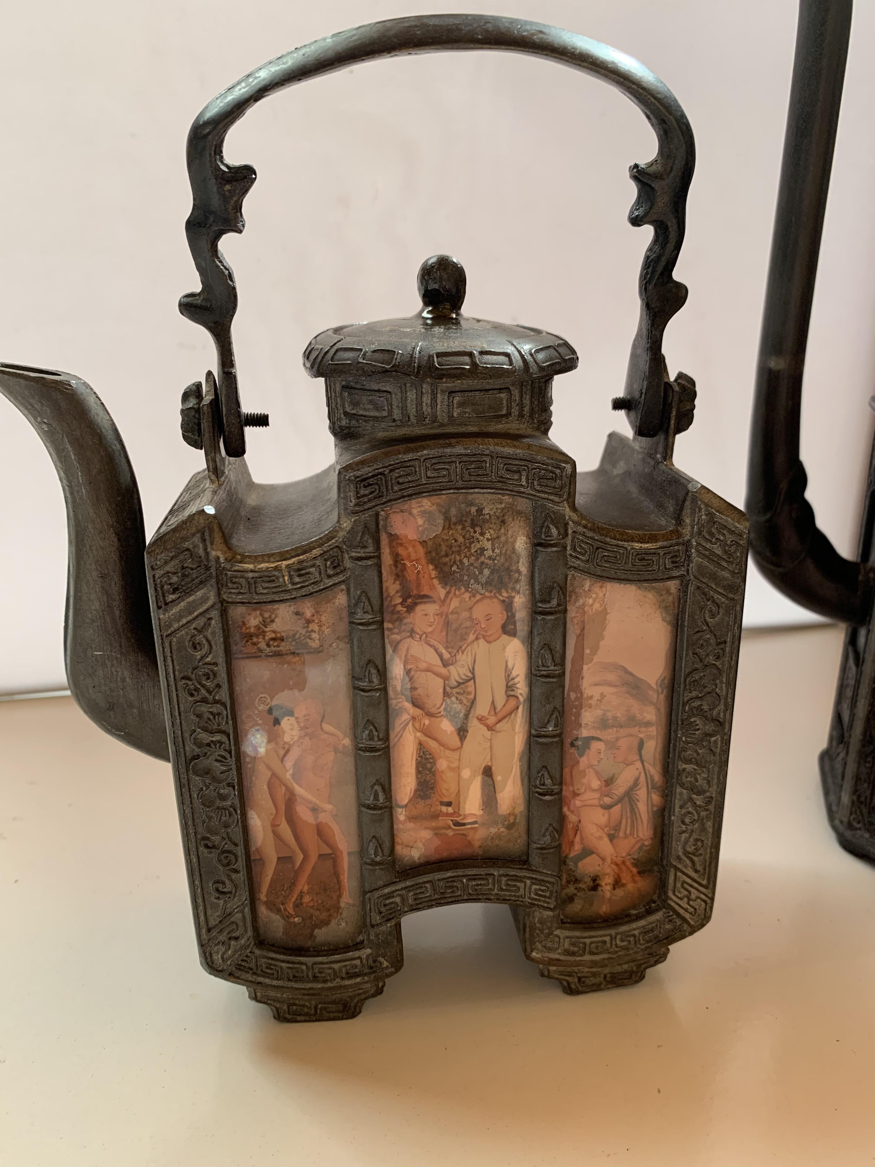 3 piece Chinese glazed metal iron tea set with erotic painted panels. Tall water pot 12.5” (32cm) - Image 2 of 6