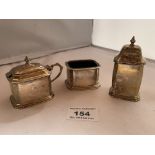 3 piece silver condiment set, salt dish, pepper pot and mustard pot with 2 blue liners. Hallmark