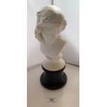 Parian bust on wooden plinth, total height 13” (33cm). No damage to bust but base cracked