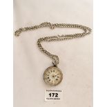 Silver ladies pocket watch on silver chain, total W: 2.5 tozs.