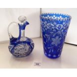 Bohemian style blue cut glass vase 8.5” (21cm) high x 5.75” (14.5cm) across and blue cut glass jug