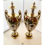 Pair of Royal Crown Derby urns, 17” (43cm) high. Good condition but seconds