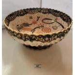 Large Derby bowl on stand 14” (36cm) diameter and 6” (15cm) high. Some wear to gilding. No chips