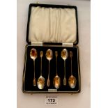 Cased set of 6 silver coffee spoons, hallmark Birmingham 1937.Total w: 1.36 tozs