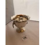 Silver bowl with 2 lion drop handles. Hallmark London 1923. 4” (10cm) high. W: 6.54 tozs. Good