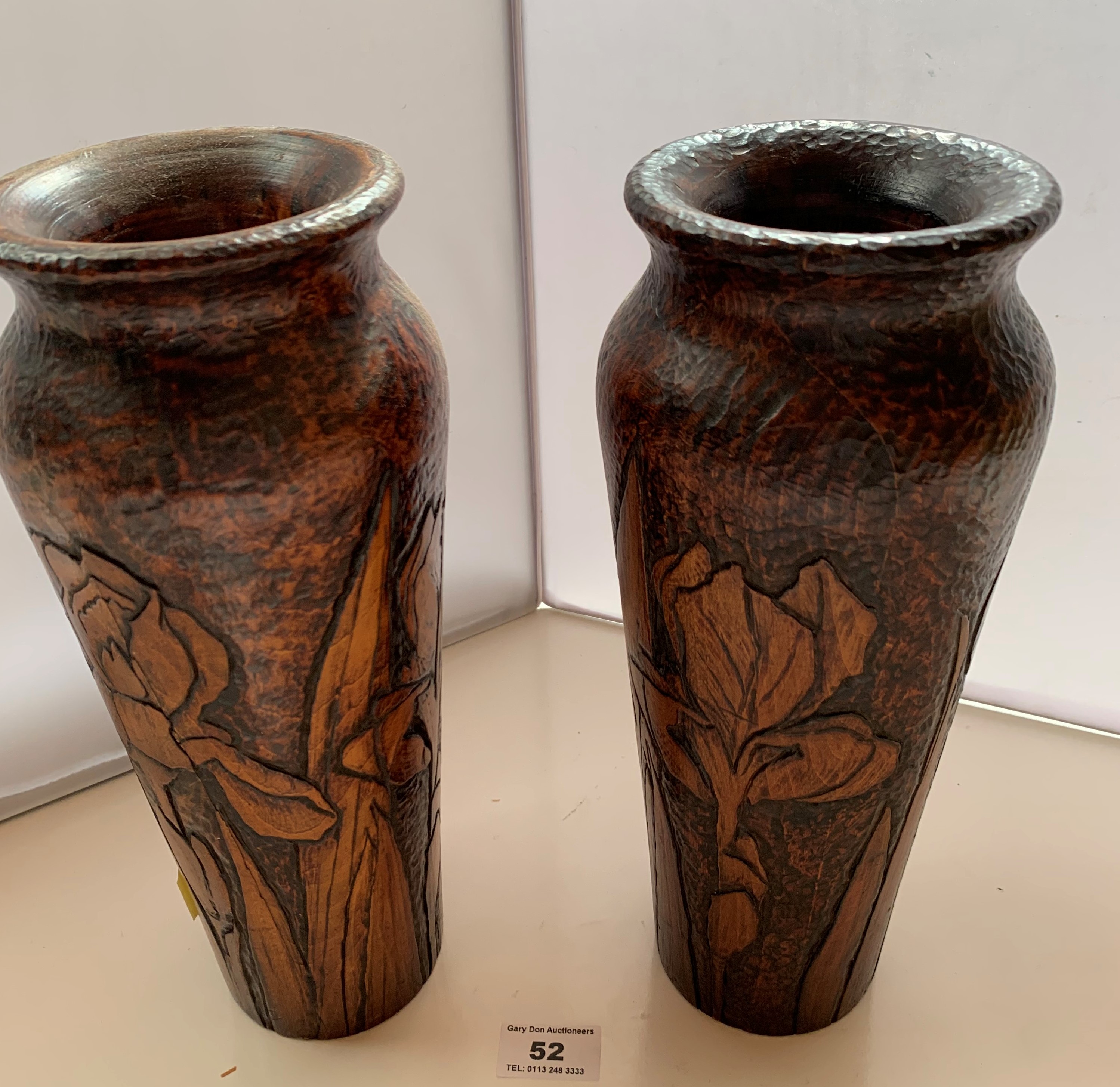 Pair of vintage pokerwork treen vases, 11” (28cm) high. Good condition