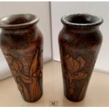 Pair of vintage pokerwork treen vases, 11” (28cm) high. Good condition