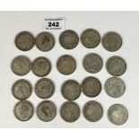 20 Half crown coins, pre-1947, half silver, w: 9 ozt