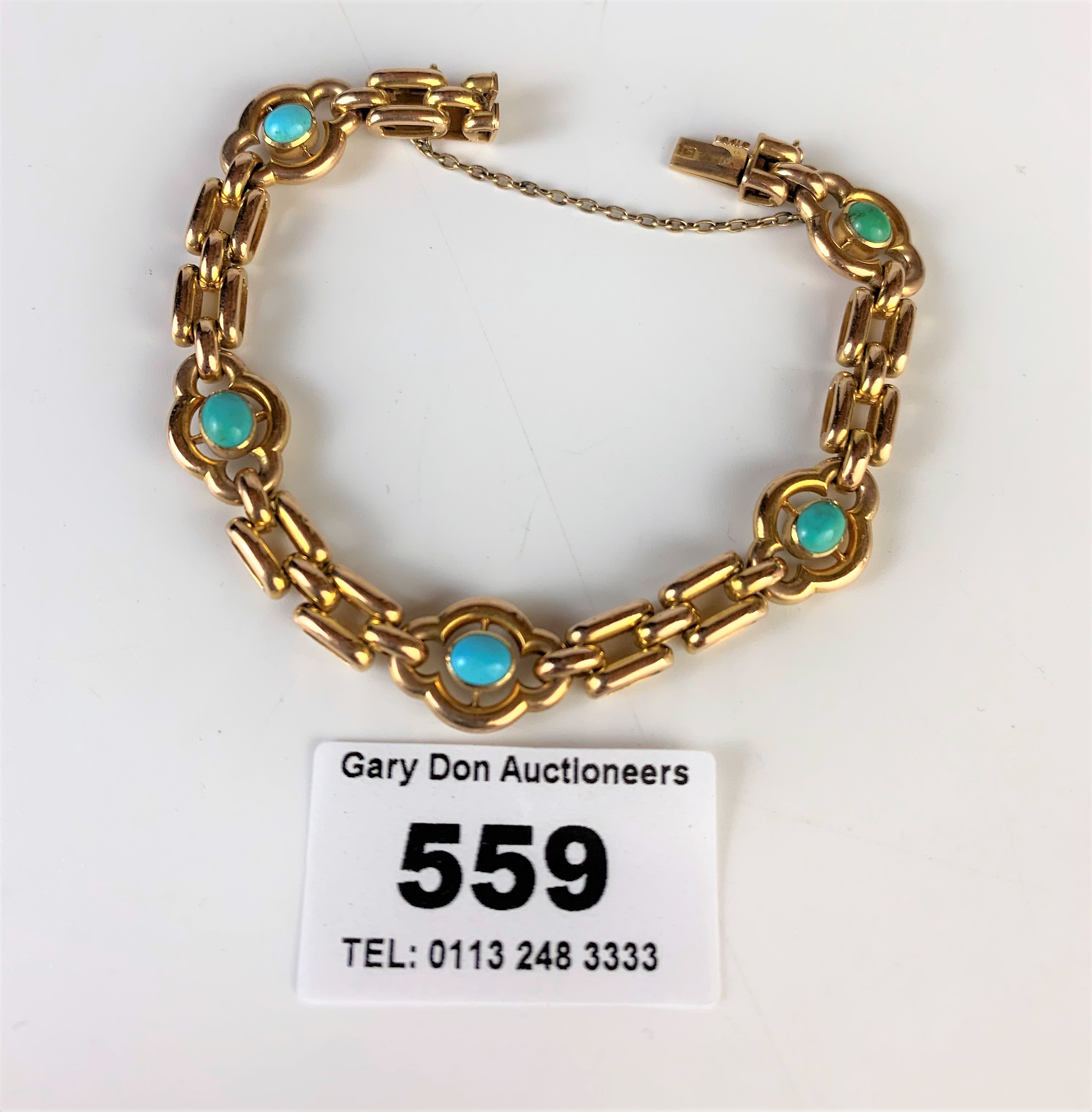 15k gold and turquoise stone bracelet, w: 14.3 gms, length 7” - Image 2 of 4