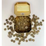 Tin containing quantity of old threepenny bits, old decimal 10 pences and 5 pences