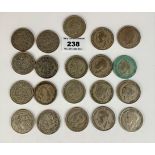 20 Half crown coins, pre-1947, half silver, w: 9 ozt