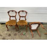 3 Victorian chairs. One with broken leg. 19” wide, 17” deep, 35” high.