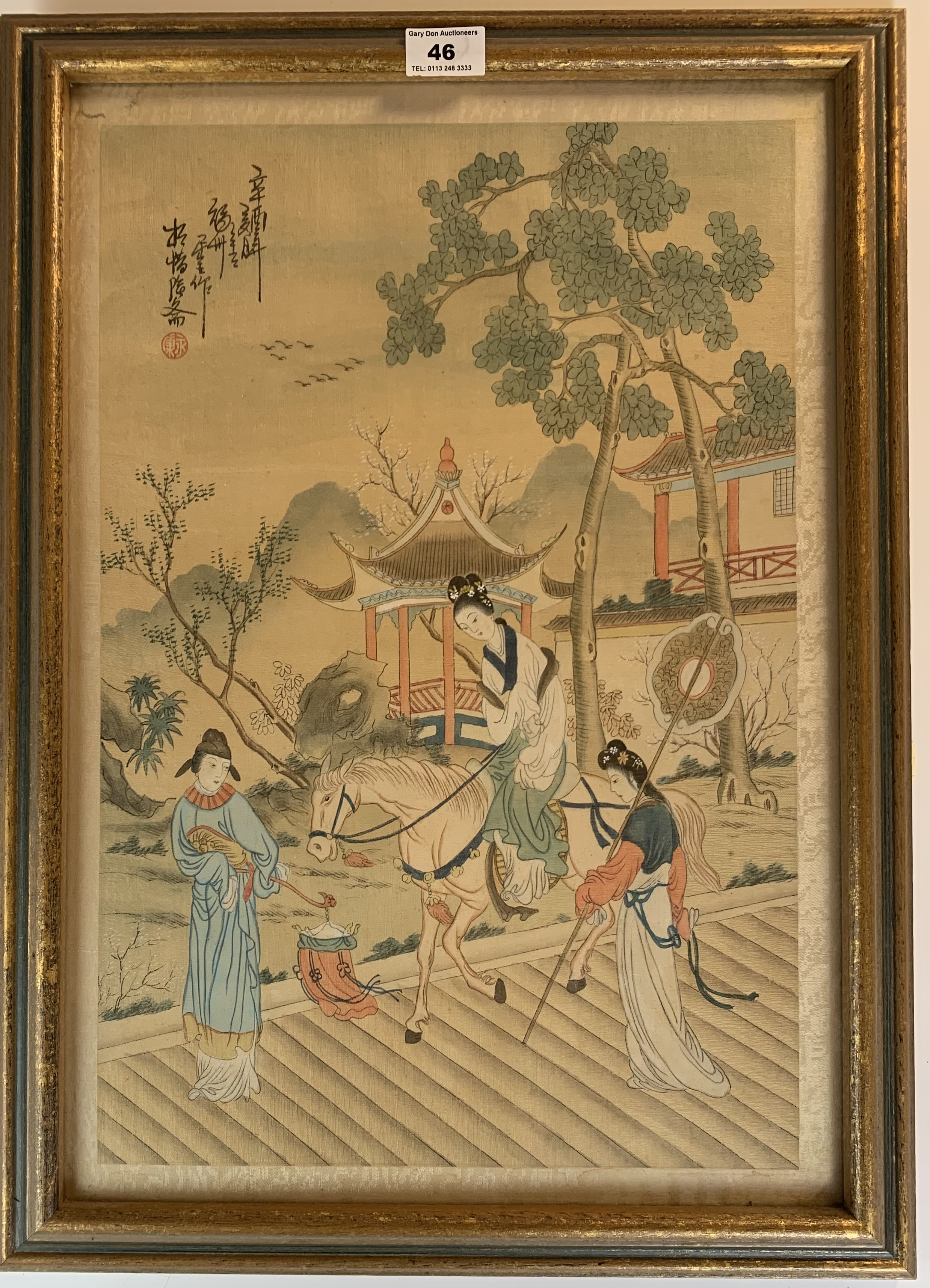 Pair of Chinese pictures on silk. 19” x 13”, frame 22.5” x 16”. Good condition