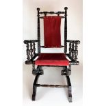 Childs American rocker, dark wood with red seat, 29.5” x 15”