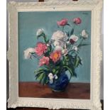 Large oil painting “Peonies” on board by Philip Naviasky. 24.5” x 29.5”, frame 31” x 36”. Painting