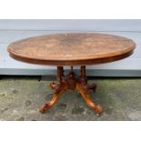 Victorian Burr Walnut Loo table 27.5 “ high (58” open), 32” deep, 44” wide, some wear to top and