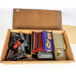 Drawer containing Trix railway buildings, carriages and accessories