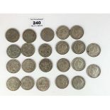 22 half crown coins, pre-1947, half silver, w: 9.9ozt