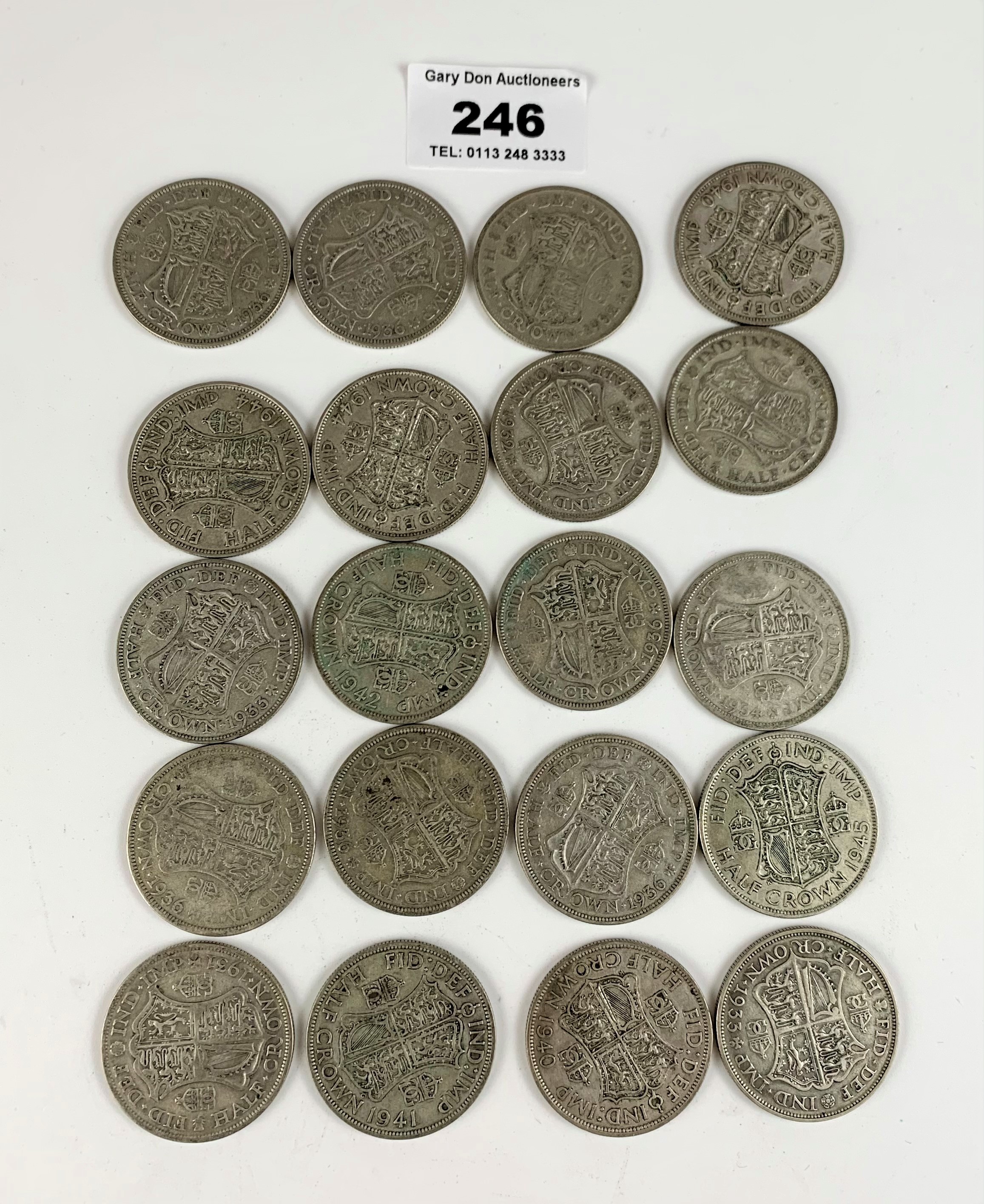 20 Half crown coins, pre-1947, half silver, w: 9 ozt