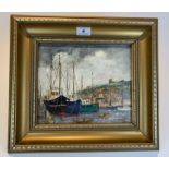 Oil painting “Whitby Harbour, 1985” by T.E. Grimshaw, 9” x 8”, frame 15” x 13”. Good condition