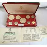 Boxed Franklin Mint Commonwealth of the Bahamas Proof Set of 9 coins with packet of special gloves