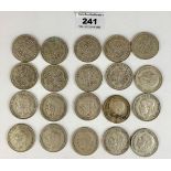 20 Half crown coins, pre-1947, half silver, w: 9 ozt