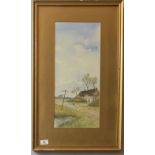 Watercolour of country scene by H.K. Stone. 18” x 8”, frame 25” x 15”